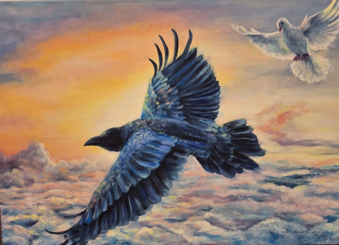 Painting for sale online - Wisdom and love. Black raven and white pigeon.