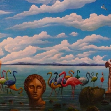 Painting for sale online - A pink flamingo in the wreckage of civilization.