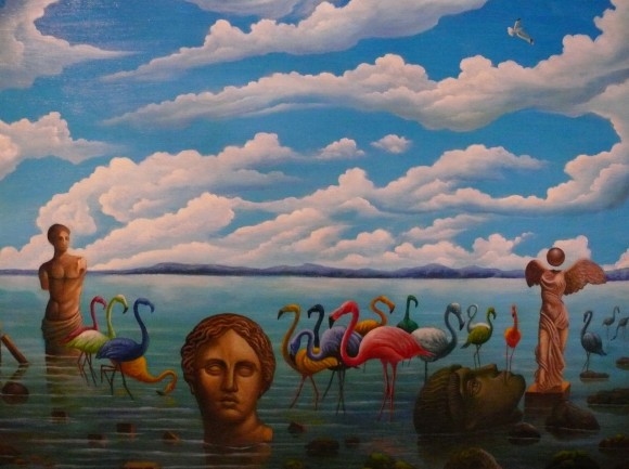 Painting for sale online - A pink flamingo in the wreckage of civilization.
