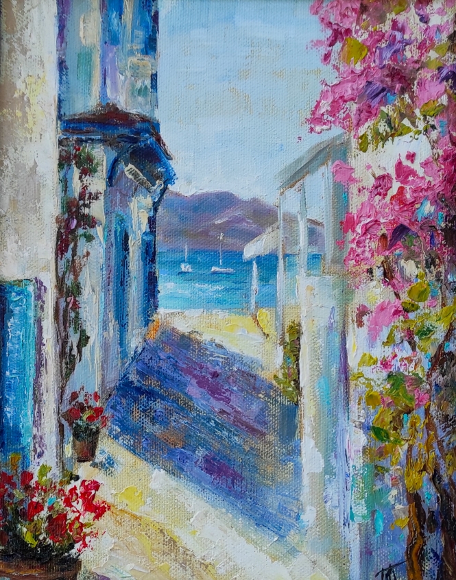 Painting for sale online - Greek street to the sea