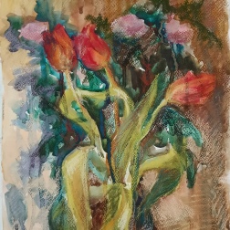 Painting for sale online - Tulips against a background of pink chrysanthemums