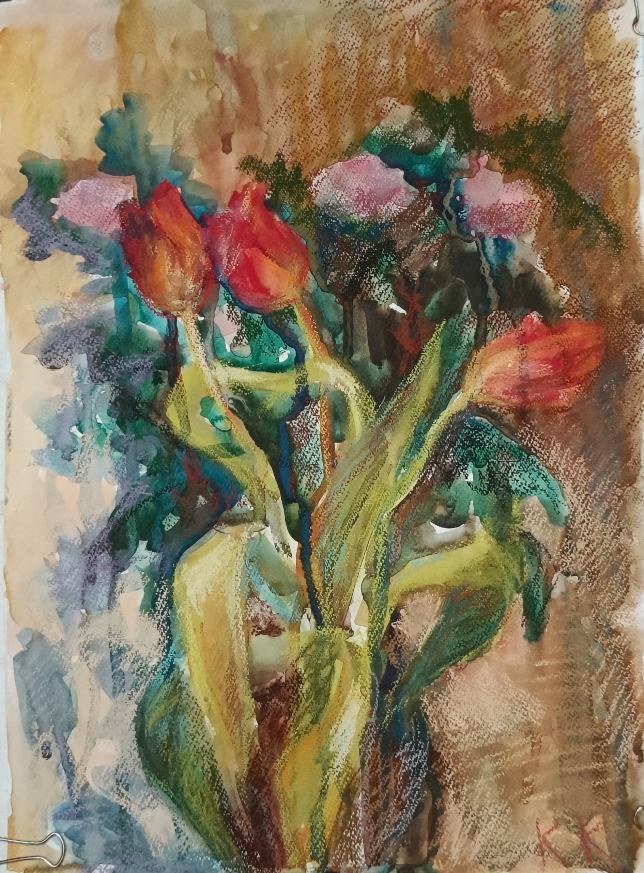 Painting for sale online - Tulips against a background of pink chrysanthemums