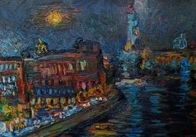 Painting for sale online - View of Red October at night