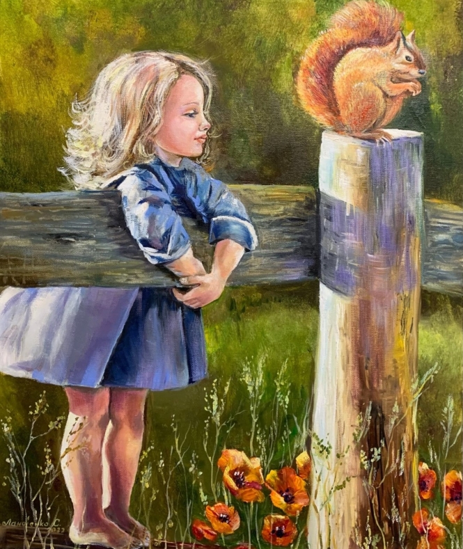 Painting for sale online - A girl and a squirrel.