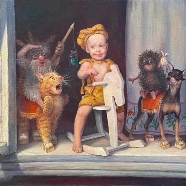 Painting for sale online - Three heroes. Hedgehog visiting the Domovoy