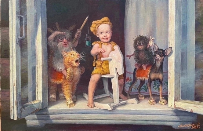 Painting for sale online - Three heroes. Hedgehog visiting the Domovoy