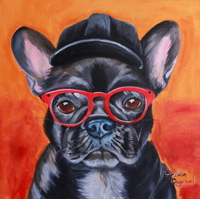 Painting for sale online - Bad gay. French bulldog in a cap and glasses.