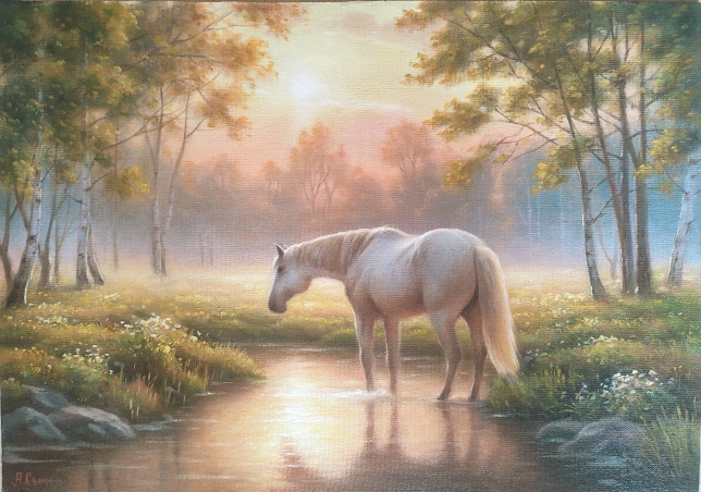 Painting for sale online - Landscape with a white horse