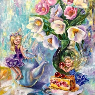 Painting for sale online - Little Fairies drink tea with a cake.