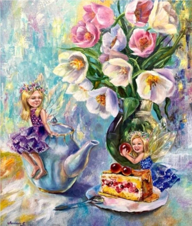 Painting for sale online - Little Fairies drink tea with a cake.