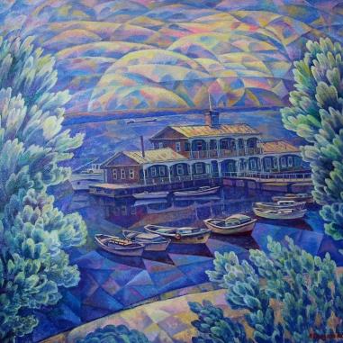 Painting for sale online - Evening on the Volga. Landing stage and boats.