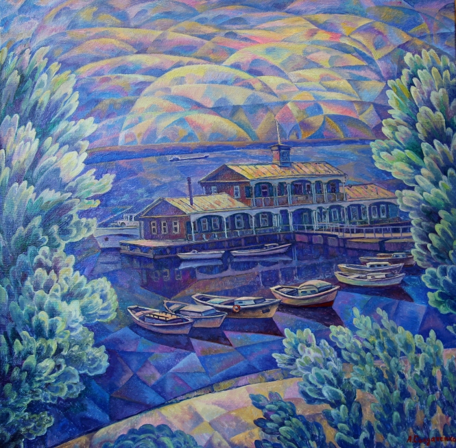 Painting for sale online - Evening on the Volga. Landing stage and boats.