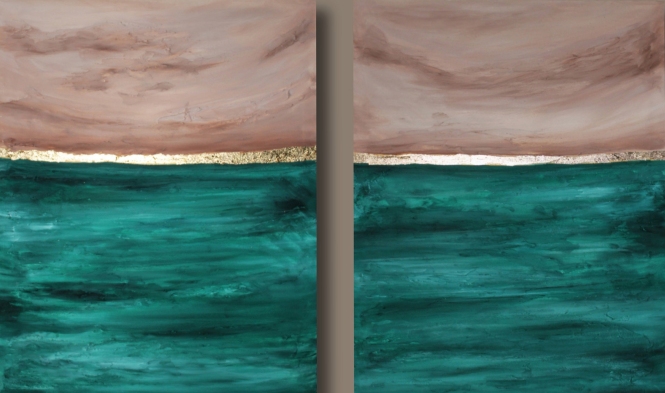 Painting for sale online - Diptych emerald landscape.