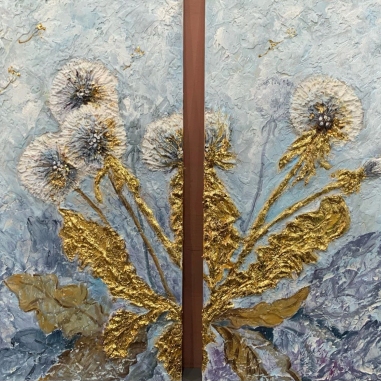 Painting for sale online - Dandelions are textured golden. The diptych