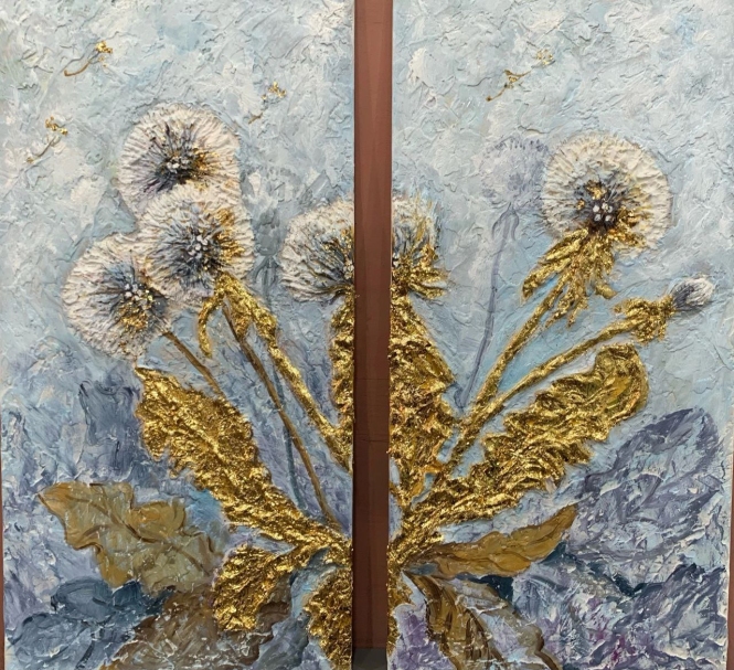 Painting for sale online - Dandelions are textured golden. The diptych