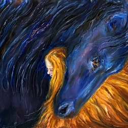 Painting for sale online - Ice and Fire. Girl with a Black Horse.