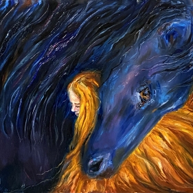 Painting for sale online - Ice and Fire. Girl with a Black Horse.