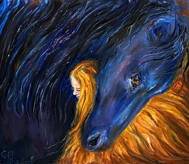 Painting for sale online - Ice and Fire. Girl with a Black Horse.