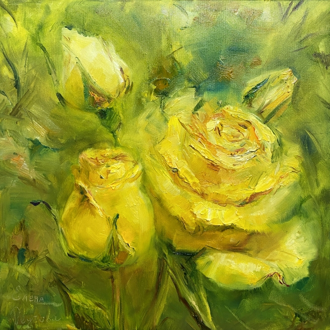 Painting for sale online - Yellow roses in oil.