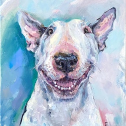 Painting for sale online - Portrait of a positive white bull terrier.