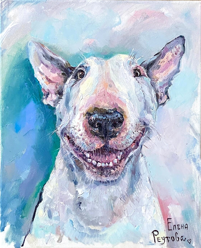 Painting for sale online - Portrait of a positive white bull terrier.