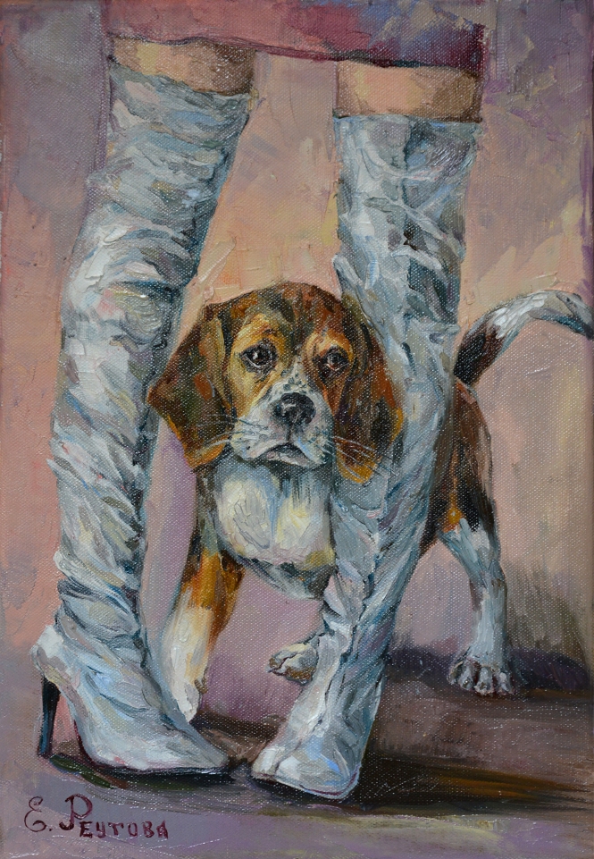 Painting for sale online - Beagle and gray boots.