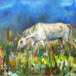 Painting for sale online - A free white horse in a flower meadow.