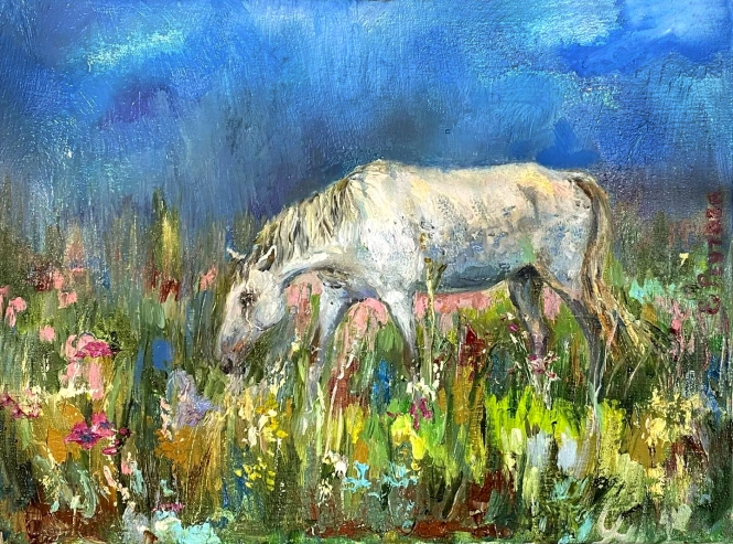 Painting for sale online - A free white horse in a flower meadow.