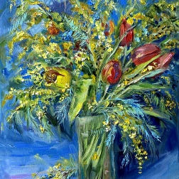 Painting for sale online - Tulips and mimosa.