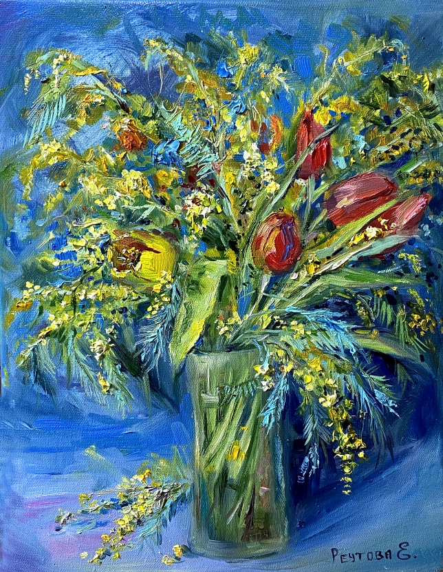 Painting for sale online - Tulips and mimosa.