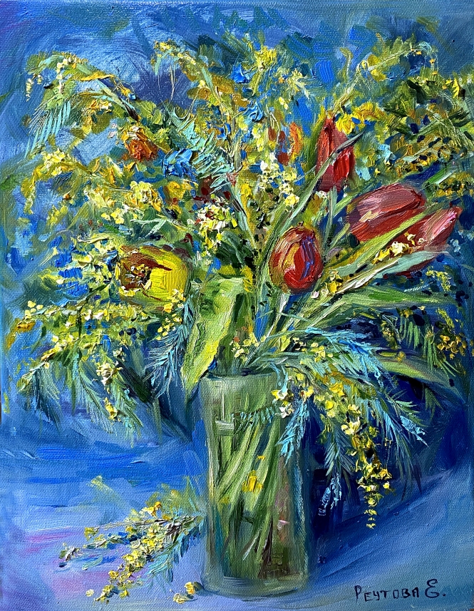 Painting for sale online - Tulips and mimosa.