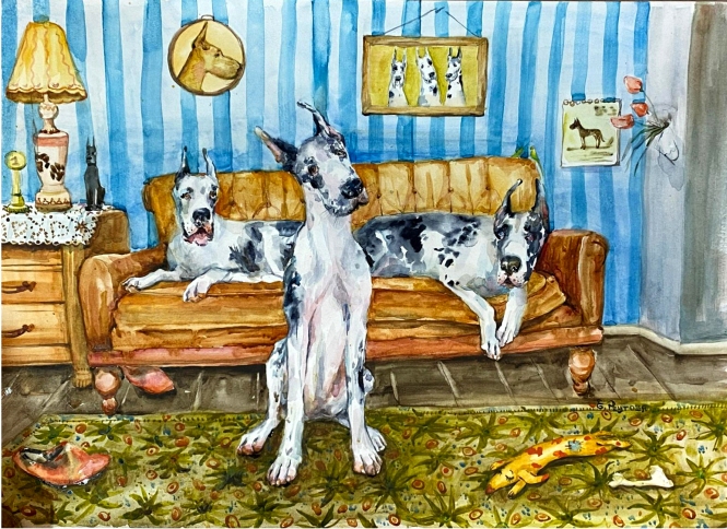 Painting for sale online - Happy marble Great Danes.