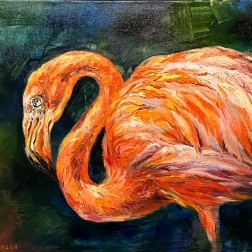 Painting for sale online - Flamingo on a dark background.