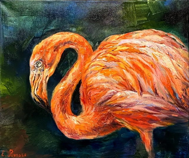 Painting for sale online - Flamingo on a dark background.