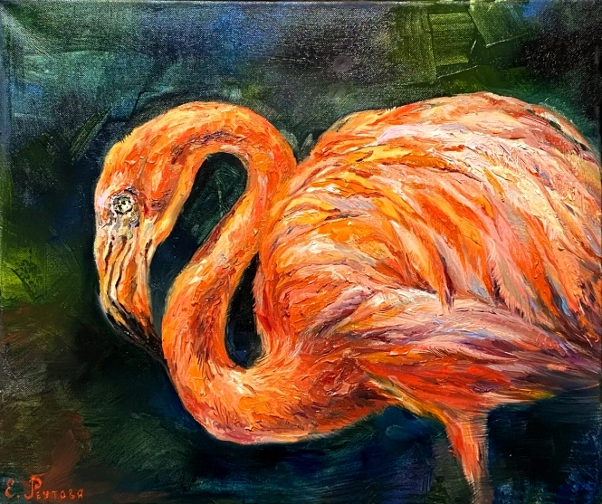 Painting for sale online - Flamingo on a dark background.