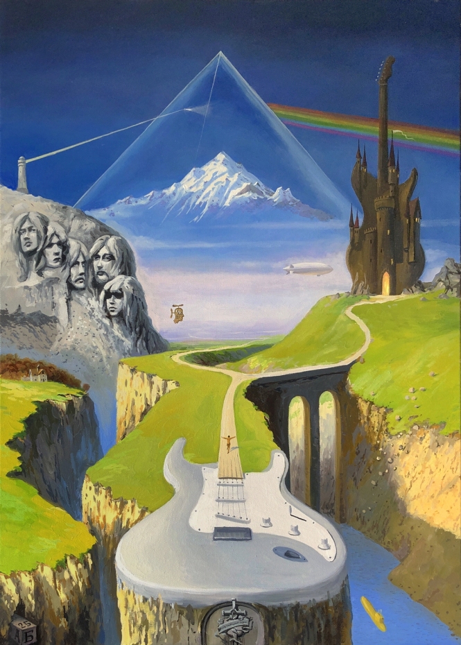 Painting for sale online - A surreal landscape composition about ten rock bands.