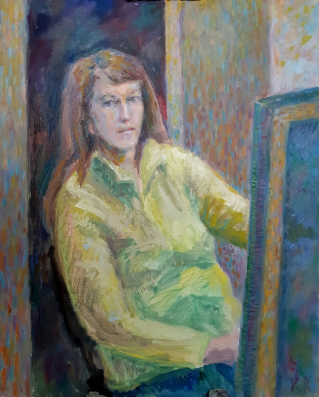 Painting for sale online - Self portrait in a yellow sweater