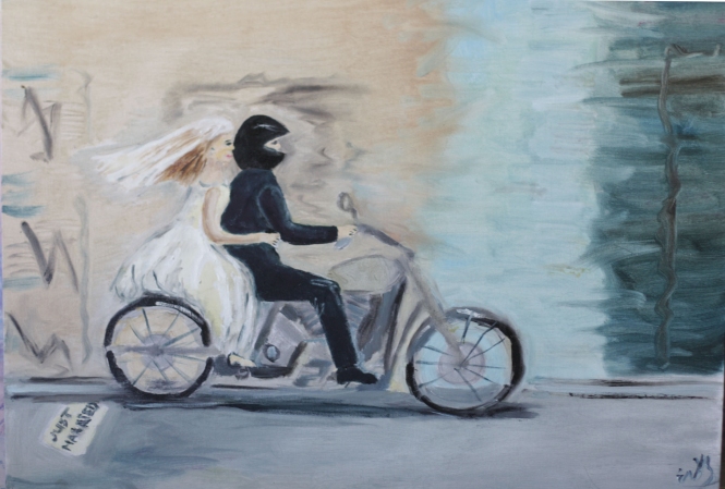 Painting for sale online - Just married on motorvycicle