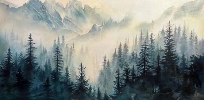 Painting for sale online - Spruce forest in the fog