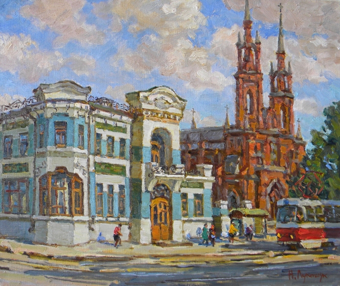 Painting for sale online - The Kurlina House. The Catholic Church of the Sacred Heart of Jesus.