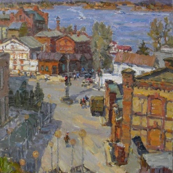 Painting for sale online - Going Downstairs to Von Vokano's Brewery and Bank of the Volga River.