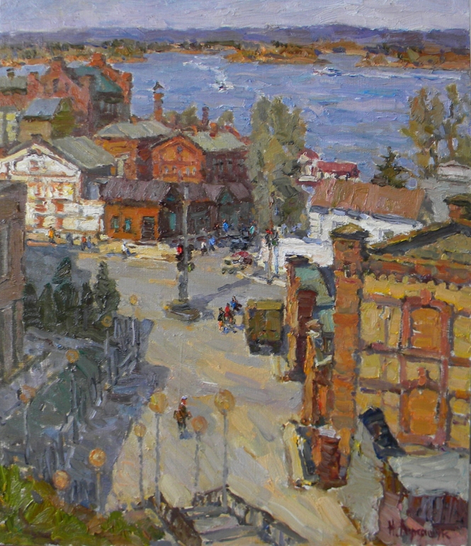 Painting for sale online - Going Downstairs to Von Vokano's Brewery and Bank of the Volga River.