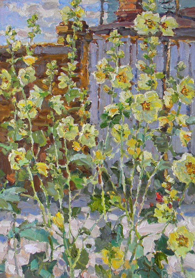 Painting for sale online -  The Yellow Hollyhocks.