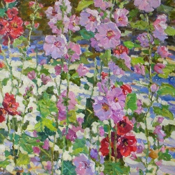 Painting for sale online - The Hollyhocks.