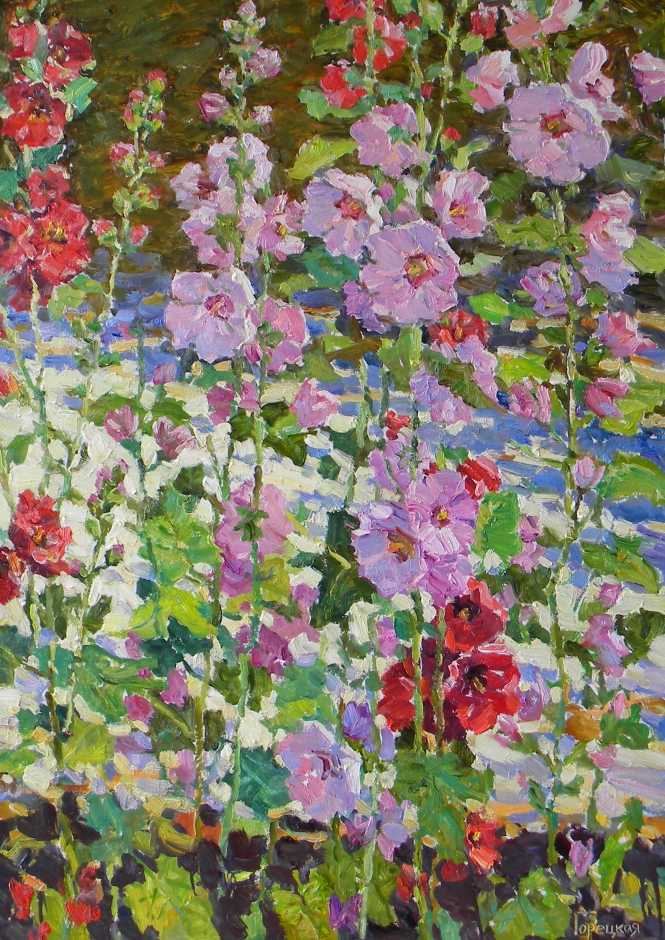 Painting for sale online - The Hollyhocks.