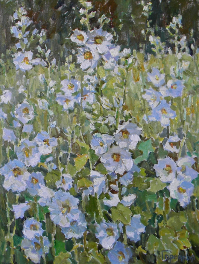 Painting for sale online - The Hollyhocks.
