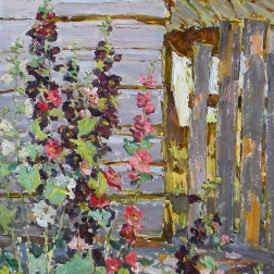 Painting for sale online - Fences and Hollyhocks in the Village of Rozhdestveno.