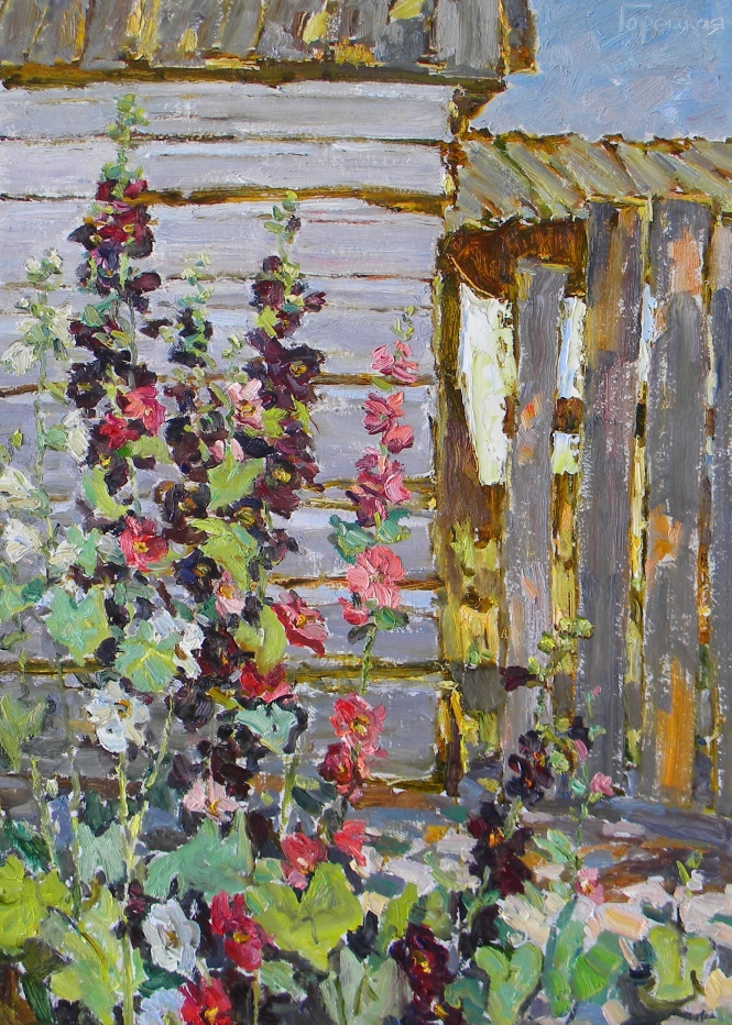 Painting for sale online - Fences and Hollyhocks in the Village of Rozhdestveno.