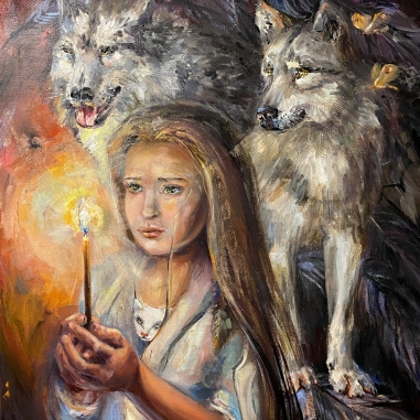 Painting for sale online - Girl with wolves.