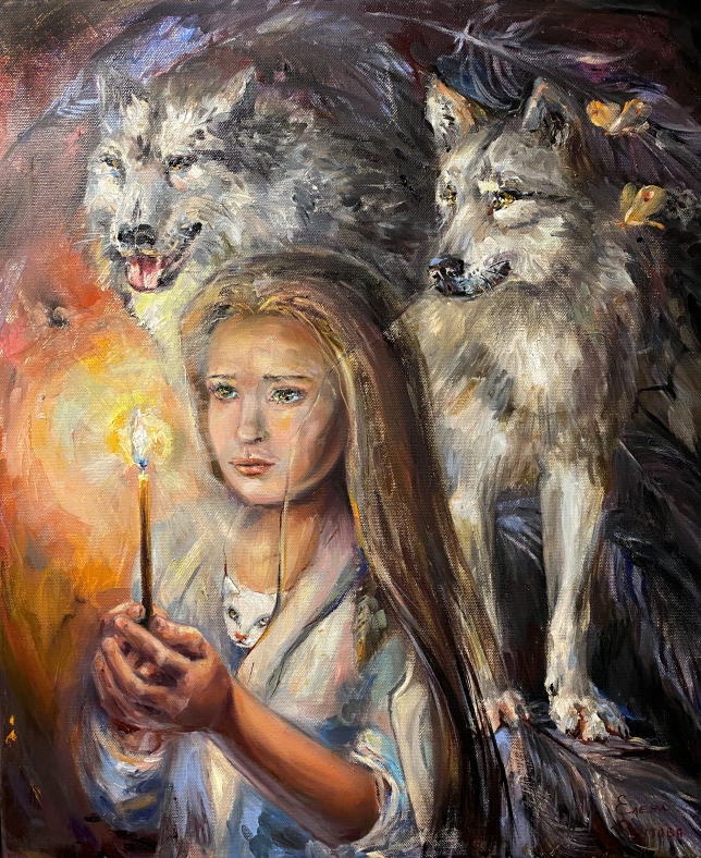 Painting for sale online - Girl with wolves